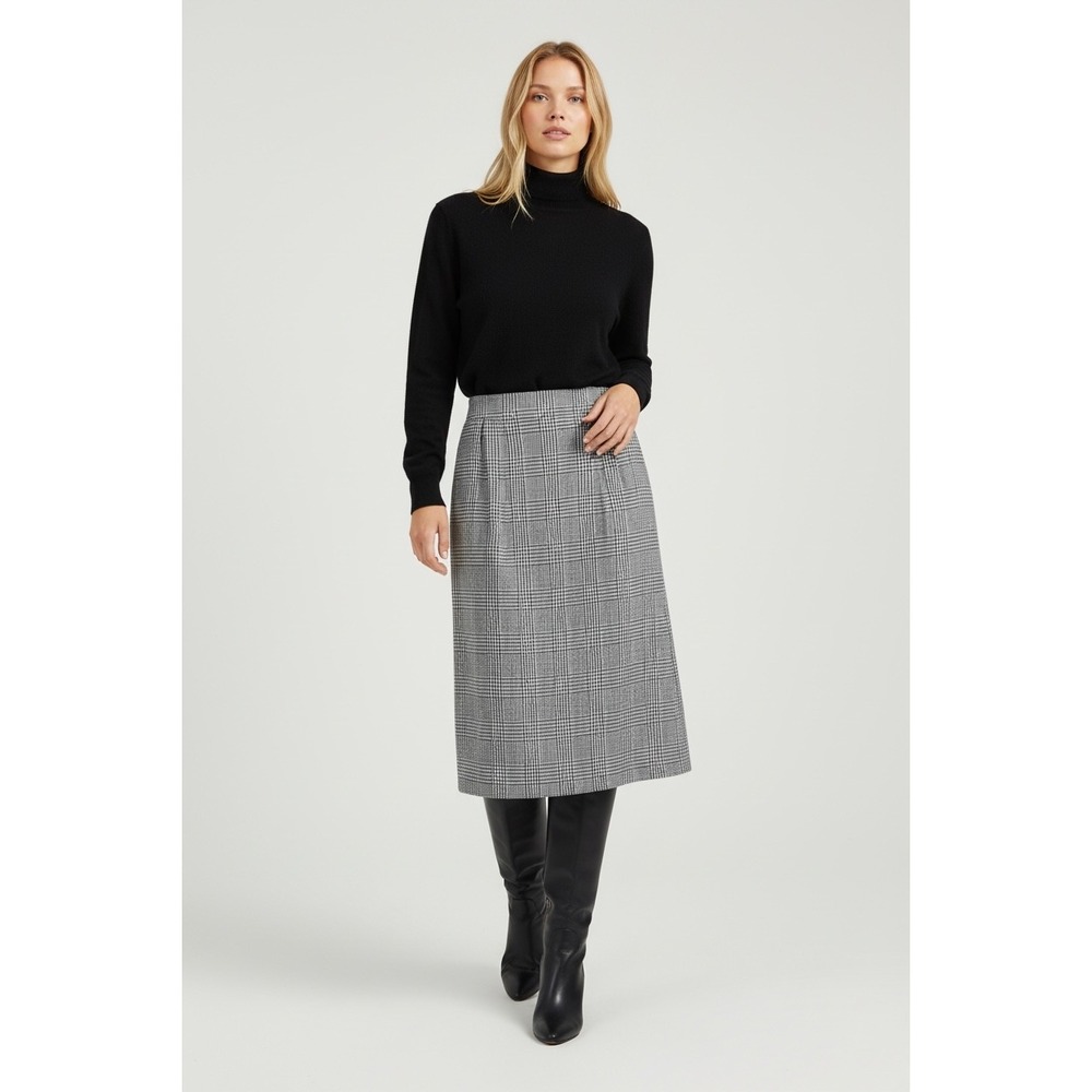 Vintage Garey Petites Size 12 Wool Blend Glen Plaid Midi Skirt‎ White Black